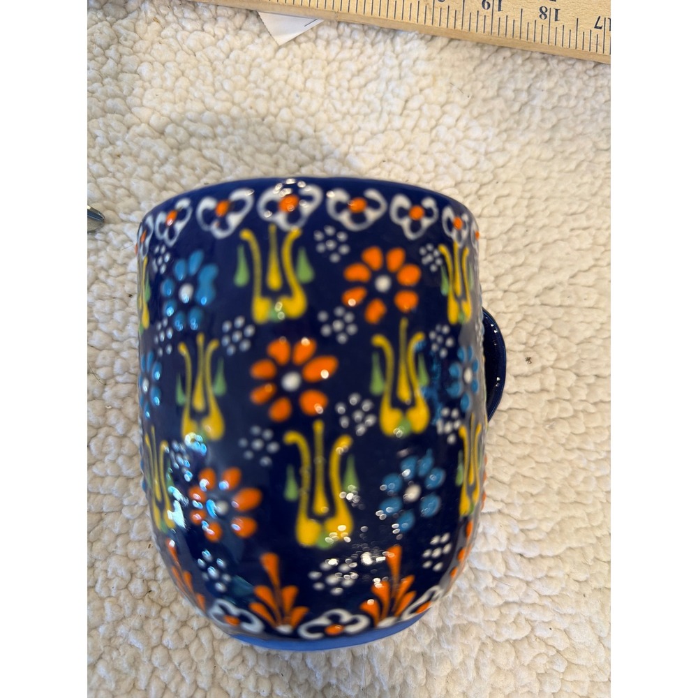 Aydin Handpainted Turkish Ceramic Mug Cobalt Blue Floral Tulip Coffee Cup 4in‎